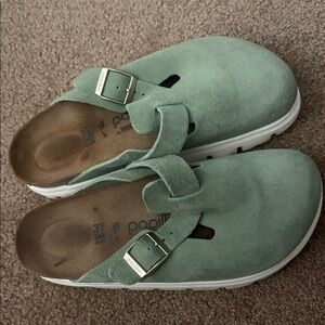 Green Suede Slip-On Sandals